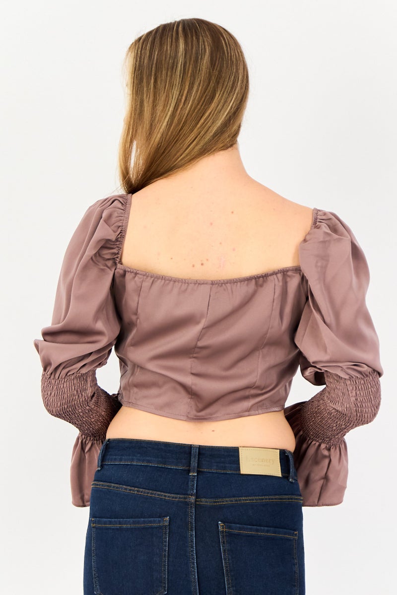 In the style Women Square Neck Long Sleeves Plain Crop Top, Brown - Image 3