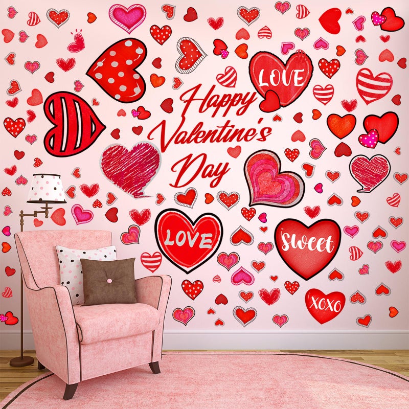 Eersida 214 Pcs Valentineâ€˜s Day Wall Decals Removable Love Heart Wall Stickers Red Heart Window Stickers Wedding Anniversary Romantic Love Decoration for Holiday Kitchen Living Room Home Decor - Image 1