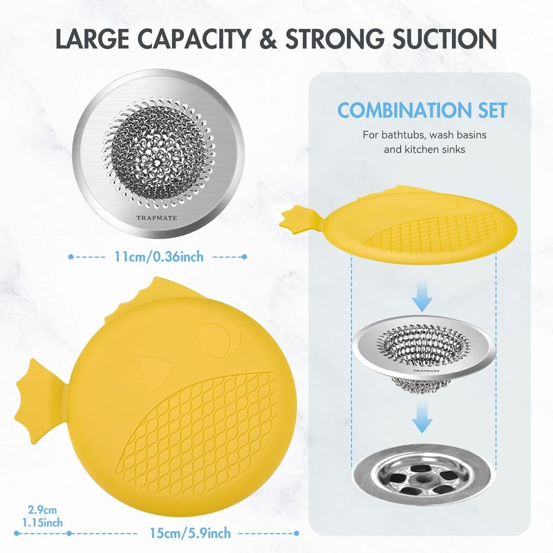 TRAPMATE Bathtub Drain Stopper/Protector/Hair Catcher Shower Drain/Easy Clean Hair Trap Strainer & Silicone Stopper for Tub, Sink (Yellow) - Image 3