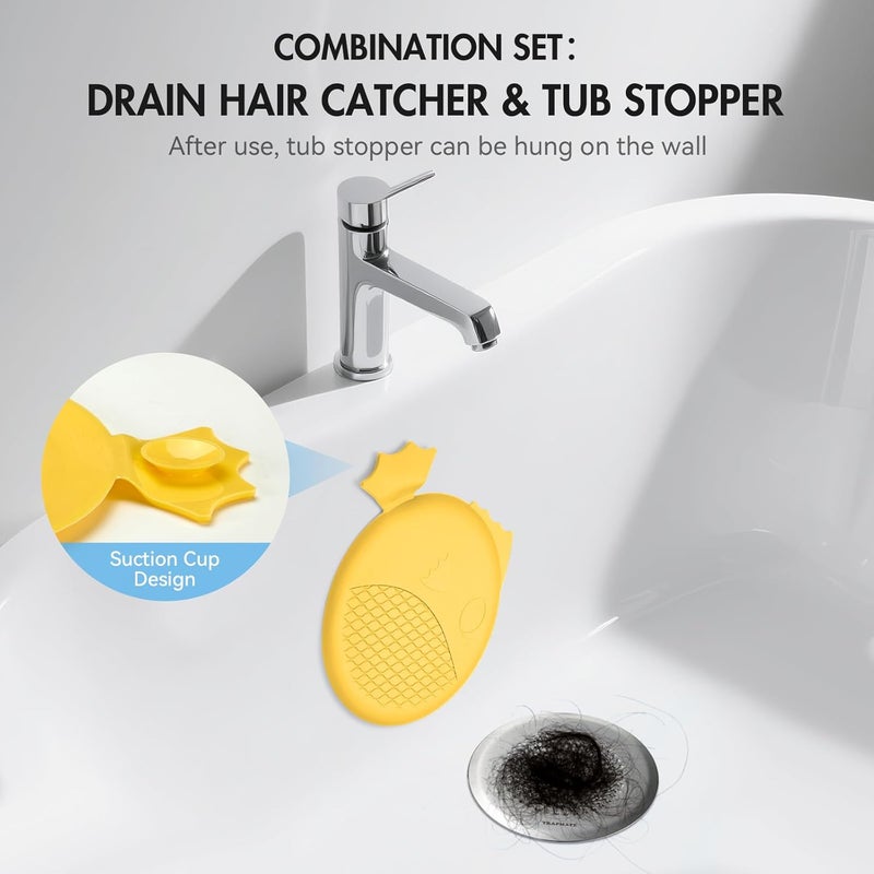TRAPMATE Bathtub Drain Stopper/Protector/Hair Catcher Shower Drain/Easy Clean Hair Trap Strainer & Silicone Stopper for Tub, Sink (Yellow) - Image 4