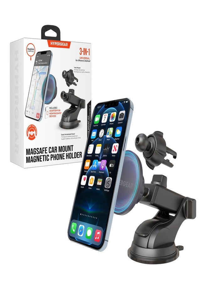 HyperGear MagSafe Car Mount - Magnetic Phone Holders for your Car Phone Holder Mount, Hands Free Mobile 3 Mounting Options (Windshield+Vent+Dash), Adapter included Cellphone Holder for iPhone, Android - Image 1