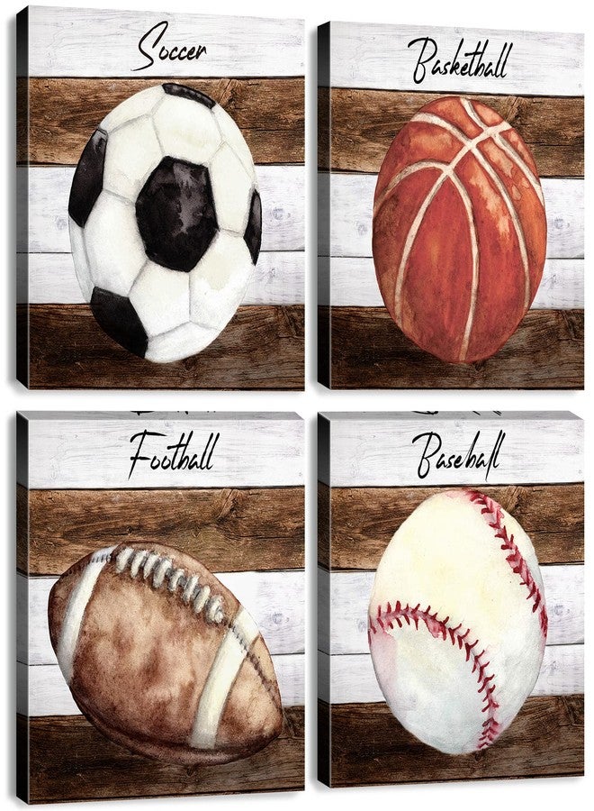 AIYISU Boys Room Wall Decor Sports Wall Art for Boy Bedroom Decor Baseballs Basketball Soccer Football Canvas Pictures Posters Rustic Ball Themed Paintings Toddler Nursery Artwork Decorations 12x12" 4Pcs - Image 1