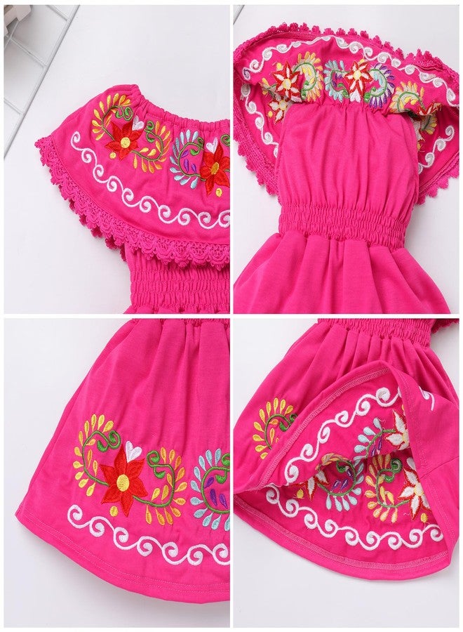 ABAFIP Baby Girls Mexican Dress Kids Toddler Off Shoulder Sleeveless Ruffle Floral Embroidery Traditional Fiesta Festival Dress Rose 5-6 Years - Image 3