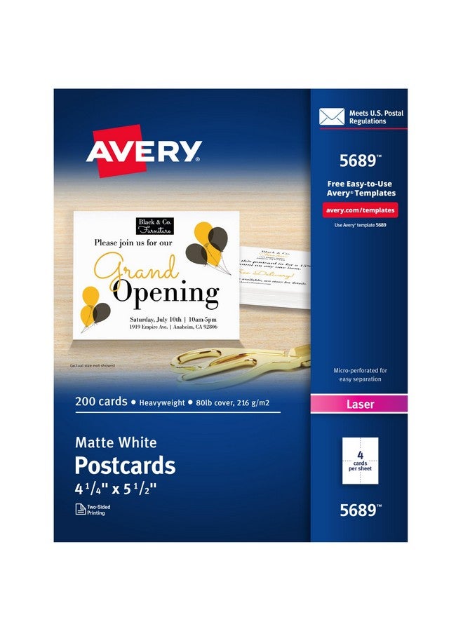 AVERY Printable Postcards, 4.25" X 5.5", White, 200 Blank Postcards For Laser Printers (5689) - Image 1