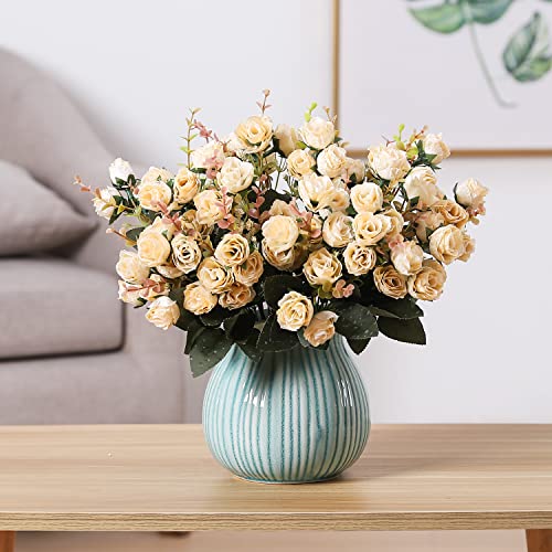 Duovlo 7 Branch 21 Mini Rose Heads Artificial Flowers Bouquet Wedding Home Office Decor,Pack of 2 (2 PCS Champagne) - Image 5