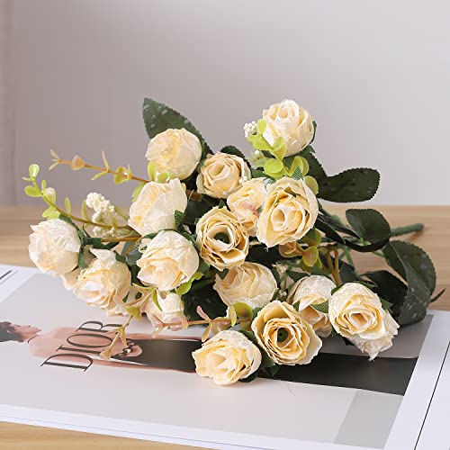 Duovlo 7 Branch 21 Mini Rose Heads Artificial Flowers Bouquet Wedding Home Office Decor,Pack of 2 (2 PCS Champagne) - Image 3