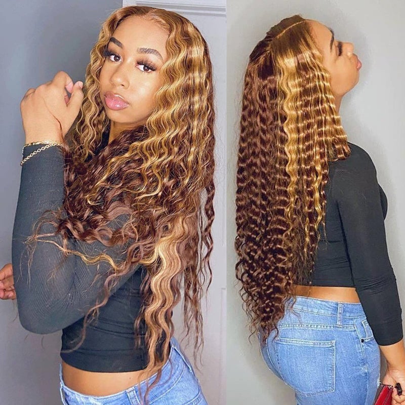 BLY Highlight Human Hair Lace Front Wigs Deep Wave 427 Ombre Colored Glueless Wigs Pre Plucked 24 Inch 4x4 Transparent Curly Water Wave Lace Wig Honey Blonde Real Human Hair 180 Density