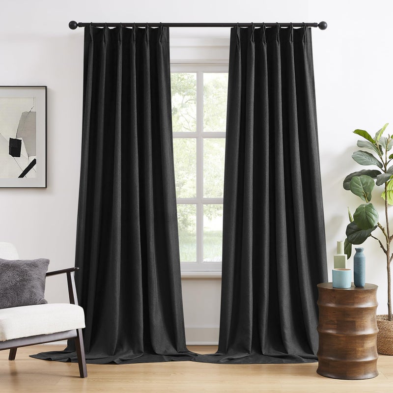 DUALIFE Pinch Pleated Blackout Cabin & Drapes 100 Inch Length with Hooks for Track System, Blackout Thermal Insulated Window Curtains for Living Room, 40W x 100L 2 Panels, Back Tab, Black - Image 1