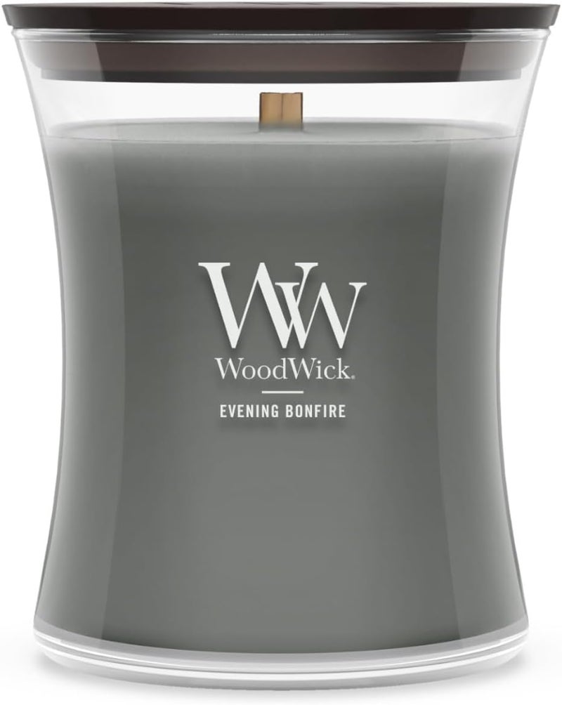 وودويك شمعة ساعة رملية متوسطة الحجم من WoodWick، برائحة نار المخيم المسائية، مصنوعة من شمع ممتاز مخلوط من فول الصويا، مع فتيل خشبي مبتكر من Pluswick، وعطر خاص بديكور الخريف. - Image 1
