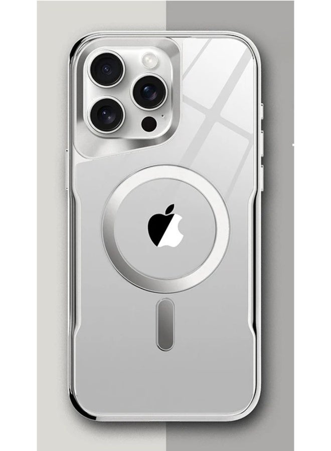 Plating Frame Transparent Armor Case For iPhone 15 Pro Max Magnetic For Magsafe Wireless Charge Armor Cover (Silver) - Image 1