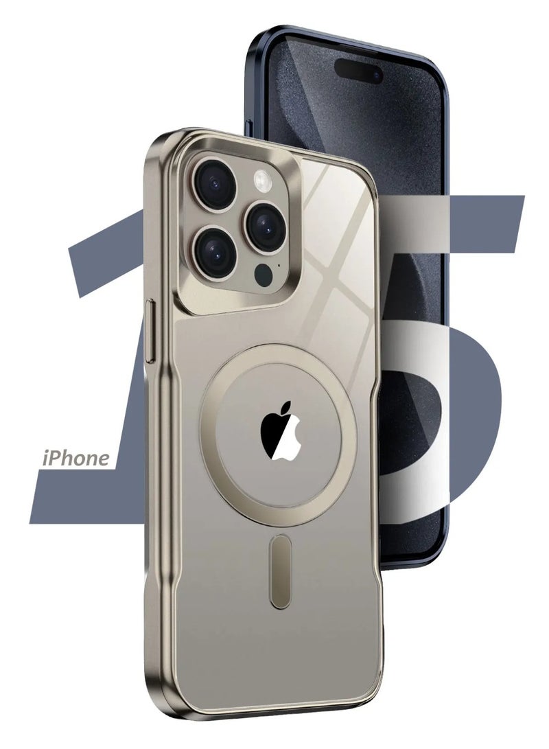 Plating Frame Transparent Armor Case For iPhone 15 Pro Max Magnetic For Magsafe Wireless Charge Armor Cover (Silver) - Image 3