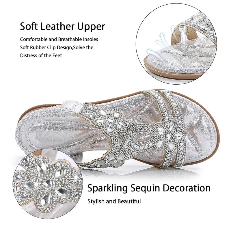 iCKER Women Rhinestone Sandals T-Strap Buckle Bohemian Pearl Crystal Flat Sandals-Sliver 01-8.5 - Image 3