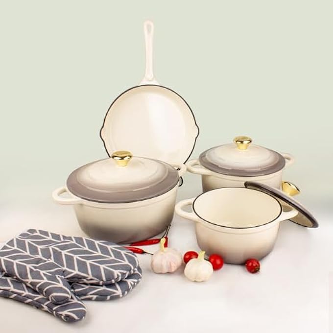 ريحني مجموعة أدوات الطهي الهولندية الحديدية المصنوعة من الحديد الزهر بحجم 7 قطع، وتشمل أواني الطهي المقلي بقطر 24 سم، وأدوات الفرن الهولندي مقاس 18 سم 21 سم 24 سم مع أغطية وقفازات - Image 1