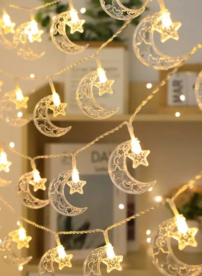 يوويل ضوء رمضان 30 مترًا، 150 مصباح LED، ضوء ديكور LED متعدد الأوضاع مع قابس 3 دبابيس لإضاءة رمضان، ضوء زينة العيد، ضوء ستارة بيضاء دافئة على شكل نجمة وقمر  - Image 1
