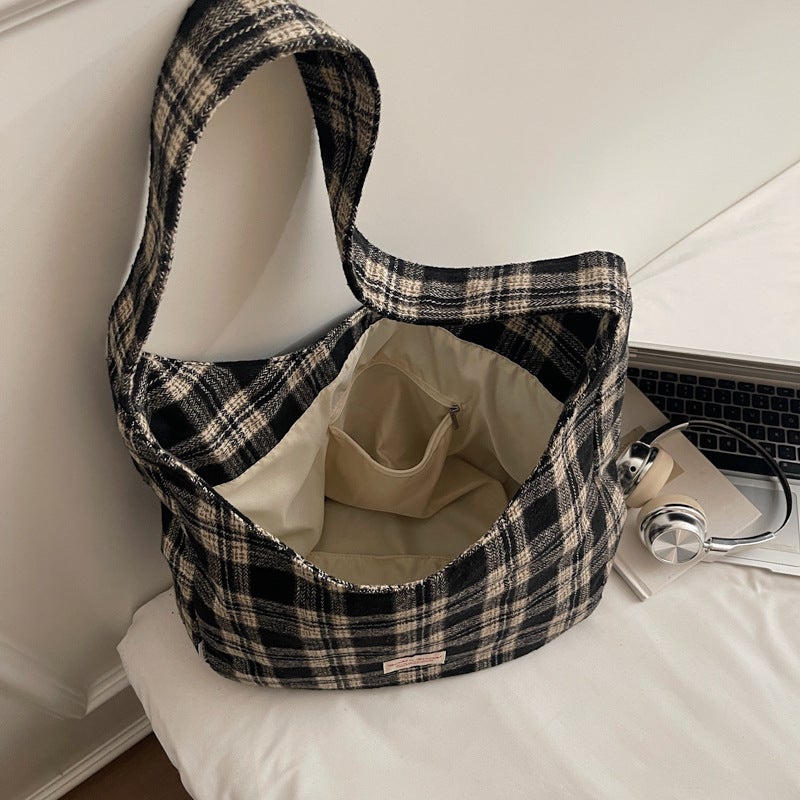 Women's Japanese Retro Plaid Tote Bag, Casual Shoulder Bag, Large Capacity - Image 5