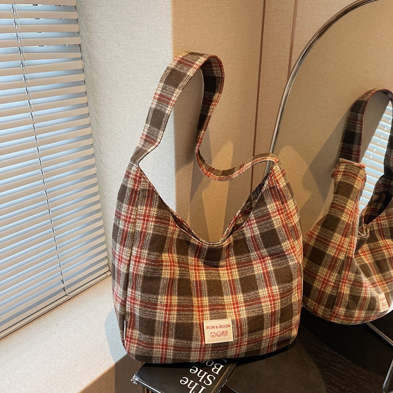 Women's Japanese Retro Plaid Tote Bag, Casual Shoulder Bag, Large Capacity - Image 2