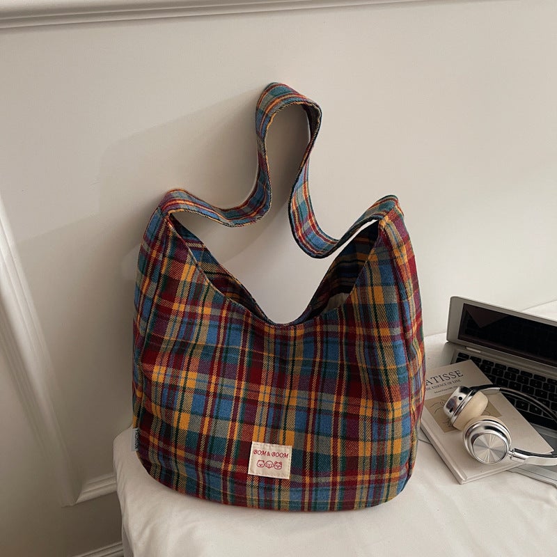 Women's Japanese Retro Plaid Tote Bag, Casual Shoulder Bag, Large Capacity - Image 3