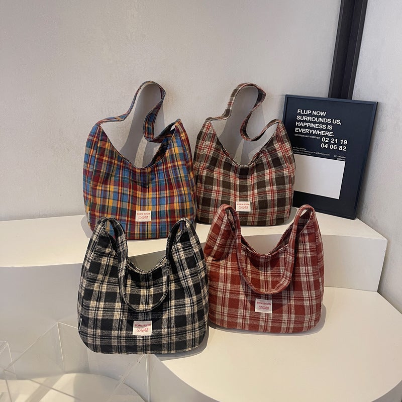 Women's Japanese Retro Plaid Tote Bag, Casual Shoulder Bag, Large Capacity - Image 4