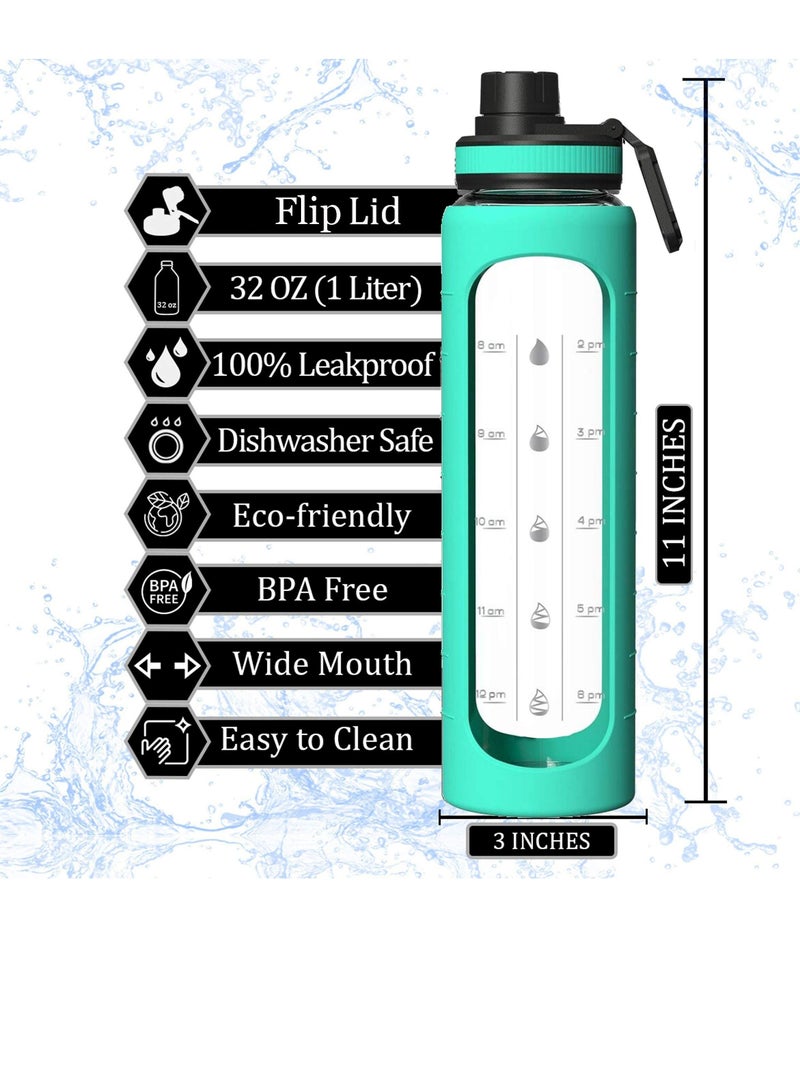 Excefore 32 oz Glass Water Bottle with Time Marks and Silicone Sleeve - Flip Lid, Motivational Water Bottles for Hydration, Reusable, Wide Mouth, Leakproof, 1 Liter Glass Drinking Bottle, BPA Free  - Image 2