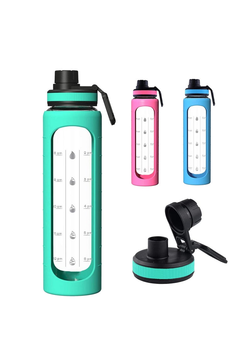 Excefore 32 oz Glass Water Bottle with Time Marks and Silicone Sleeve - Flip Lid, Motivational Water Bottles for Hydration, Reusable, Wide Mouth, Leakproof, 1 Liter Glass Drinking Bottle, BPA Free  - Image 3