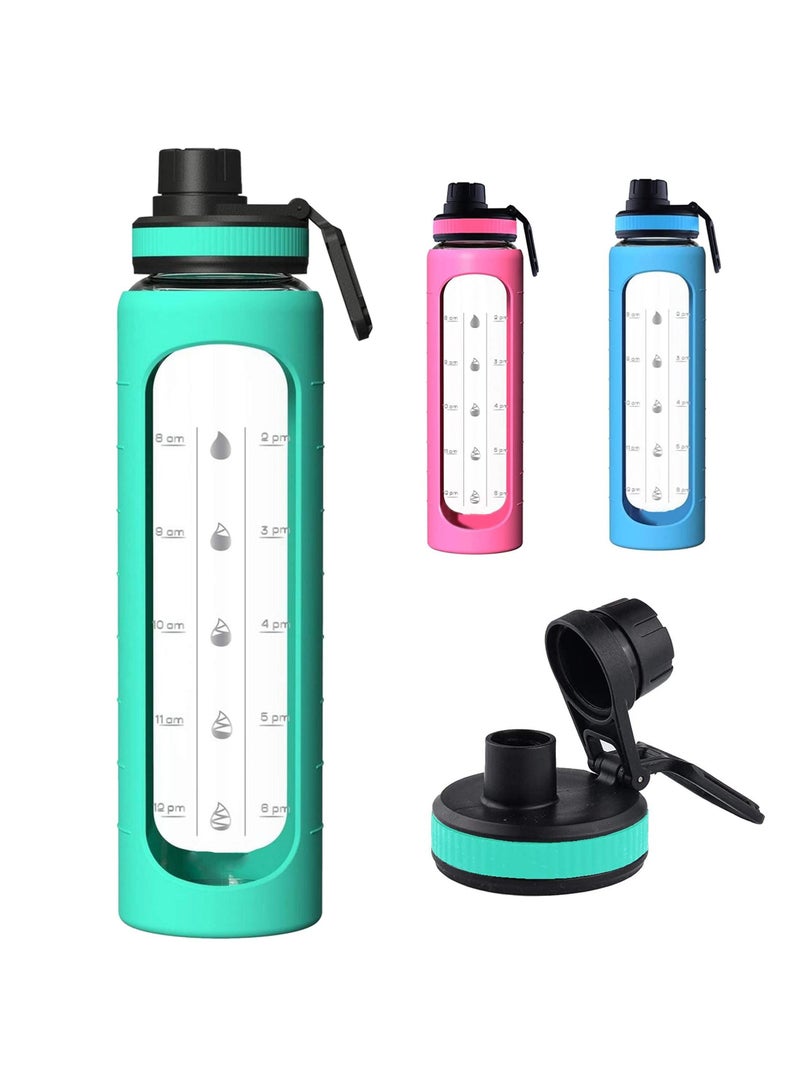 Excefore 32 oz Glass Water Bottle with Time Marks and Silicone Sleeve - Flip Lid, Motivational Water Bottles for Hydration, Reusable, Wide Mouth, Leakproof, 1 Liter Glass Drinking Bottle, BPA Free  - Image 1