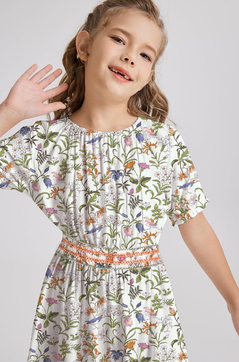 tiny sugar Girls Floral Smocked Waist Dress Church Holiday Playwear Soft Midi Dress with Pockets Flower Bird Green SS-8y - Image 2