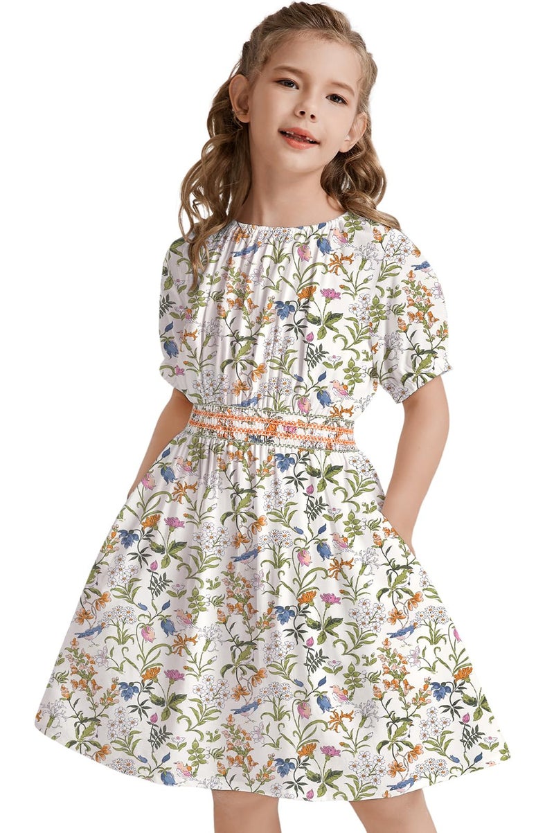 tiny sugar Girls Floral Smocked Waist Dress Church Holiday Playwear Soft Midi Dress with Pockets Flower Bird Green SS-8y - Image 1