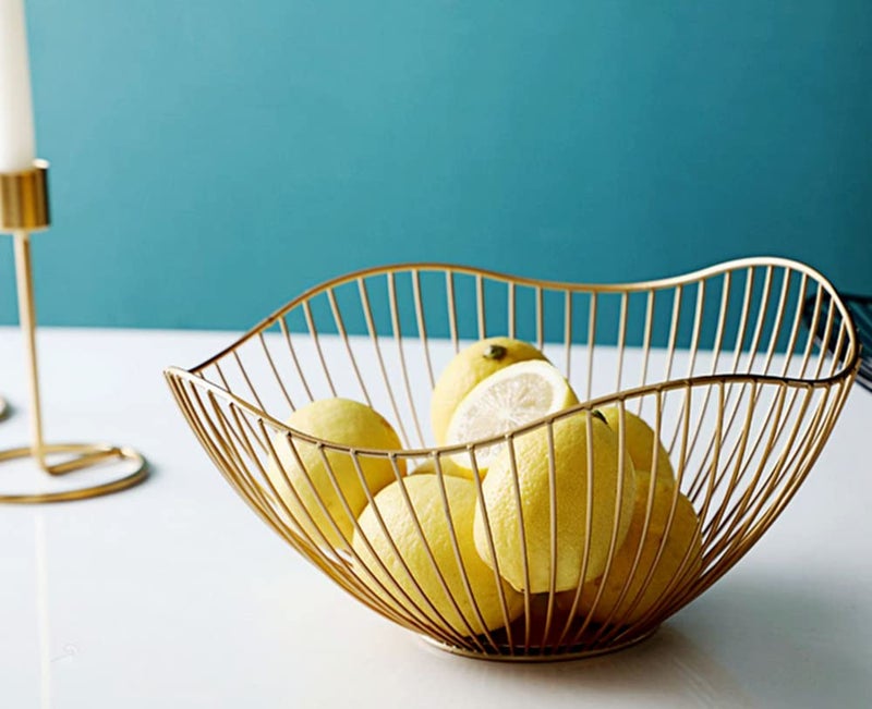 NatureMan Kitchen counter fruit bowl Large fruit basket bowl Metal wavy storage basket Kitchen vegetable and fruit bowl, used to hold fruits, vegetables and bread (gold) - Image 3