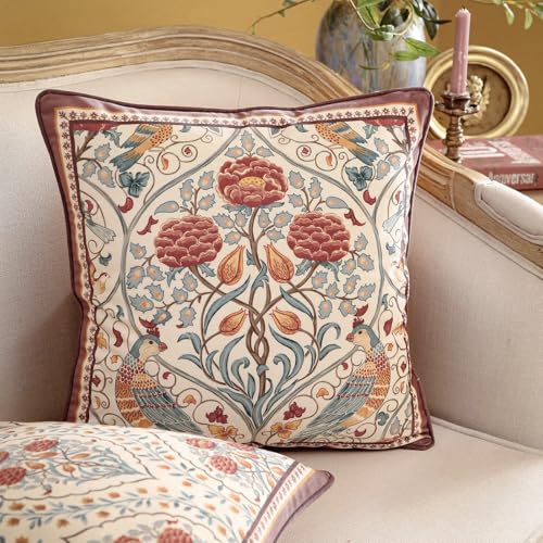 patdrea Designer Vintage Throw Pillow Covers 18x18Red Luxury Soft Velvet Pillows Cover with Birds Floral PatternSquare Farmhouse Decorative Pillow for Couch Bed Living Room Set of 2 - Image 3