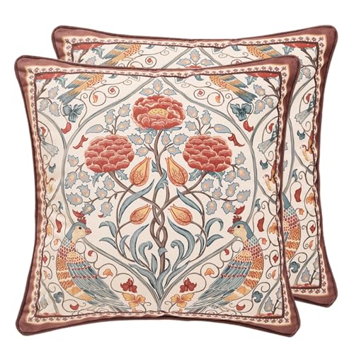 patdrea Designer Vintage Throw Pillow Covers 18x18Red Luxury Soft Velvet Pillows Cover with Birds Floral PatternSquare Farmhouse Decorative Pillow for Couch Bed Living Room Set of 2 - Image 1