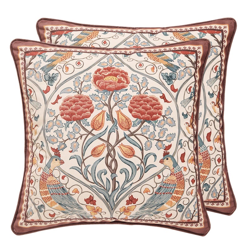 patdrea Designer Vintage Throw Pillow Covers 18x18Red Luxury Soft Velvet Pillows Cover with Birds Floral PatternSquare Farmhouse Decorative Pillow for Couch Bed Living Room Set of 2 - Image 2