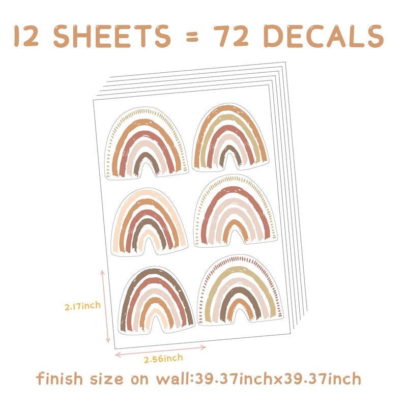 funlife 72 PCS Small Boho Rainbow Wall Decals Peel and Stick, Self Adhesive Colorful Rainbow Wall Sticker for Girls Bedroom Decor, Kids Nursery Room Decoration, 2.56" x 2.17" - Image 2