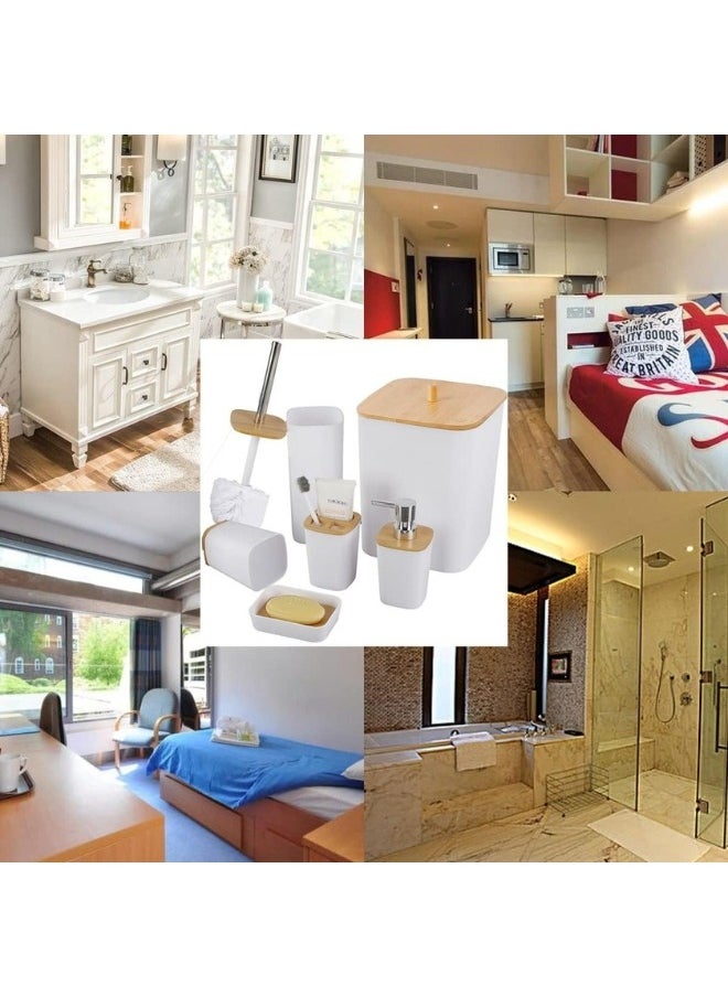 ماركة غير محددة - طقم إكسسوارات للحمام من 6 قطع طقم اكسسوارات حمام يشمل فرشاة تواليت وموزع صابون وصندوق قمامة وحامل فرشاة اسنان وصبانة وكوب-أبيض - Image 1