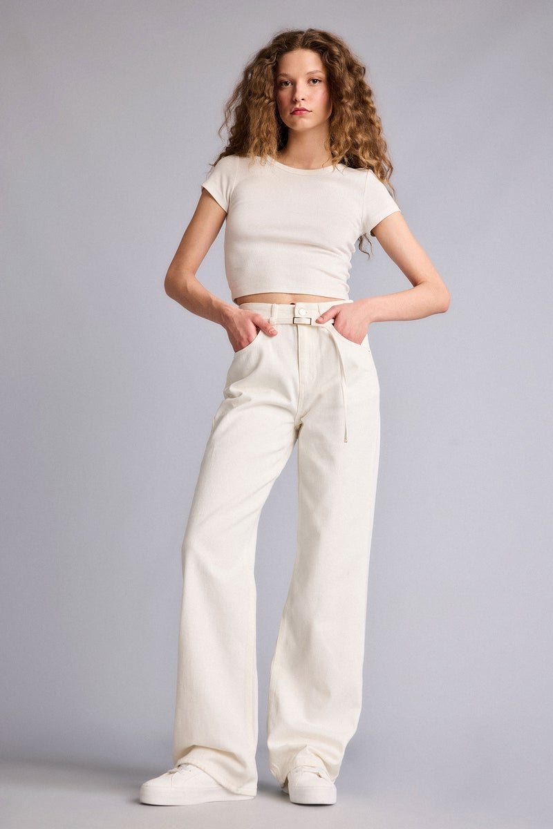 DeFacto White Woman Straight Wide Leg High Waist Jeans Casual - Image 1