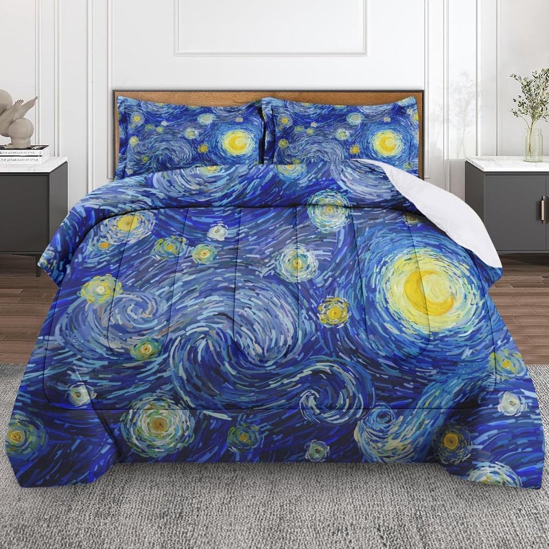Culudea Moon Blue Van Comforter Set Full Size Comforter Starry Summer Vintage includes Comforter & Pillowcase Bedding for All Seasons Kids and Adults Bedroom Bed Decor - Image 1