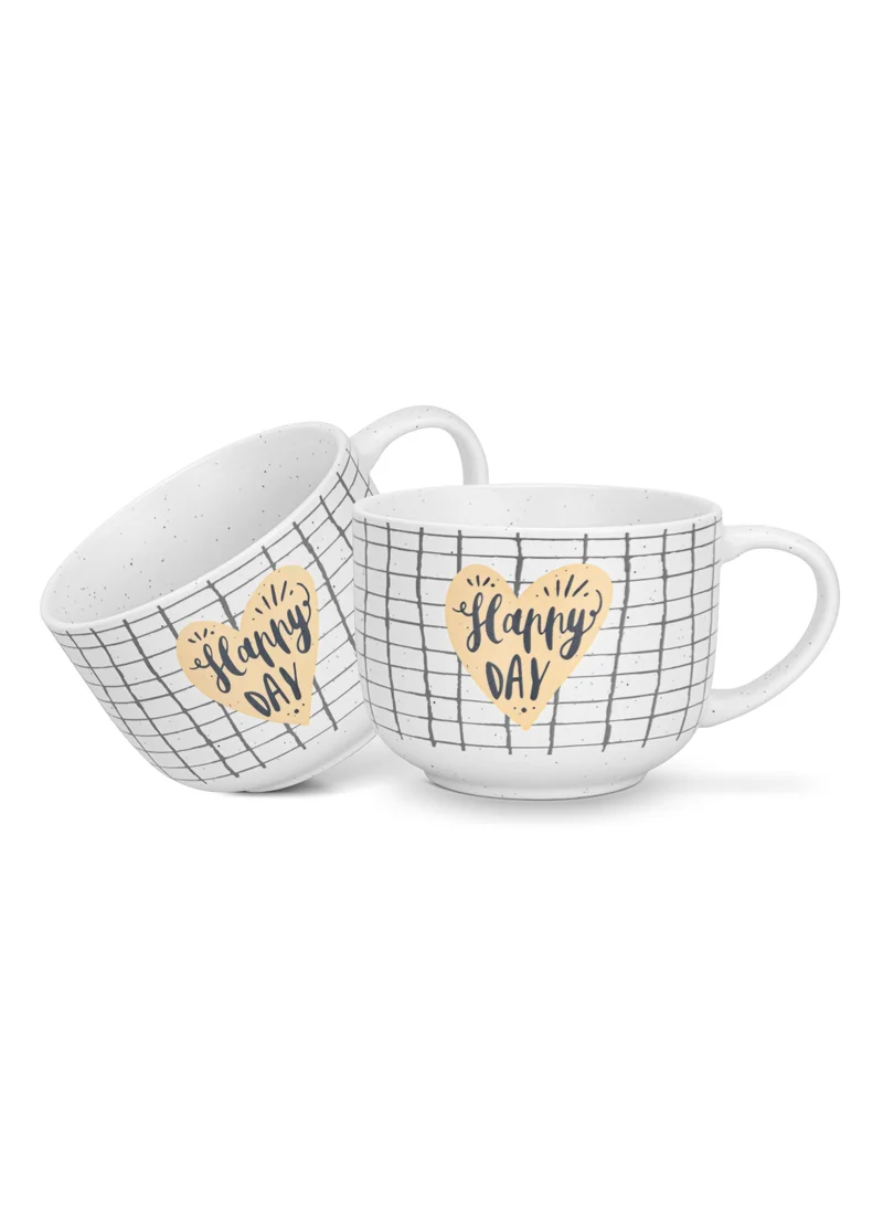 Fissman 2-Piece Mugs 580ml Happy Day Checked Coffee Mugs Set Couple Mug Valentines Day, New Bone China with Non Slip Bottom Coffee Cups for for Tea, Coffee, Present For Her/Him, Surprise Gift For Heart Day