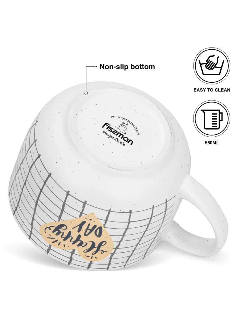 Fissman 2-Piece Mugs 580ml Happy Day Checked Coffee Mugs Set Couple Mug Valentines Day, New Bone China with Non Slip Bottom Coffee Cups for for Tea, Coffee, Present For Her/Him, Surprise Gift For Heart Day