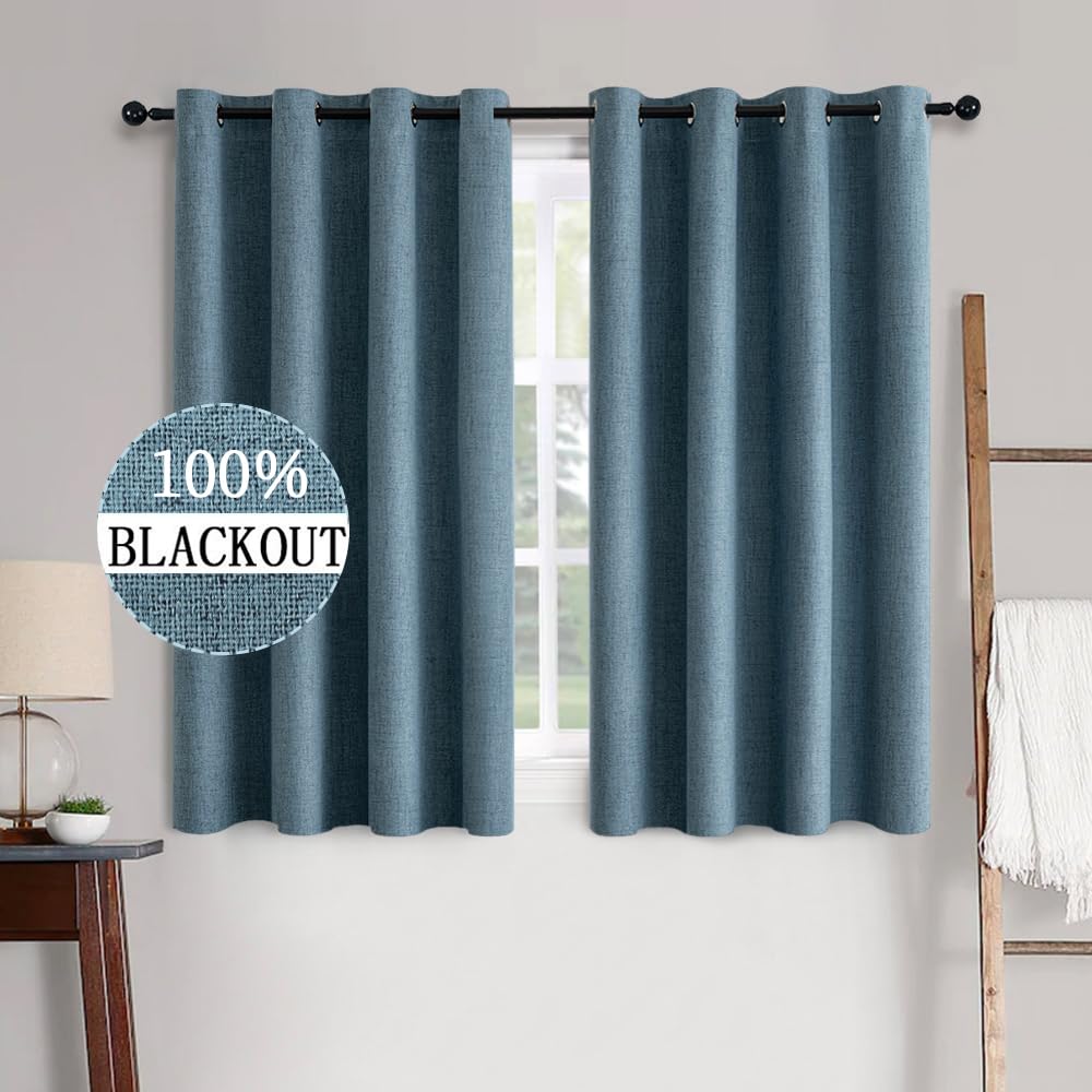 MIULEE Linen Texture Curtains for Bedroom Solid 100% Blackout Thermal Insulated Dusty Blue Curtains Grommet Room Darkening Drapes Luxury Decor for Living Room 52x45 Inch (2 Panels)