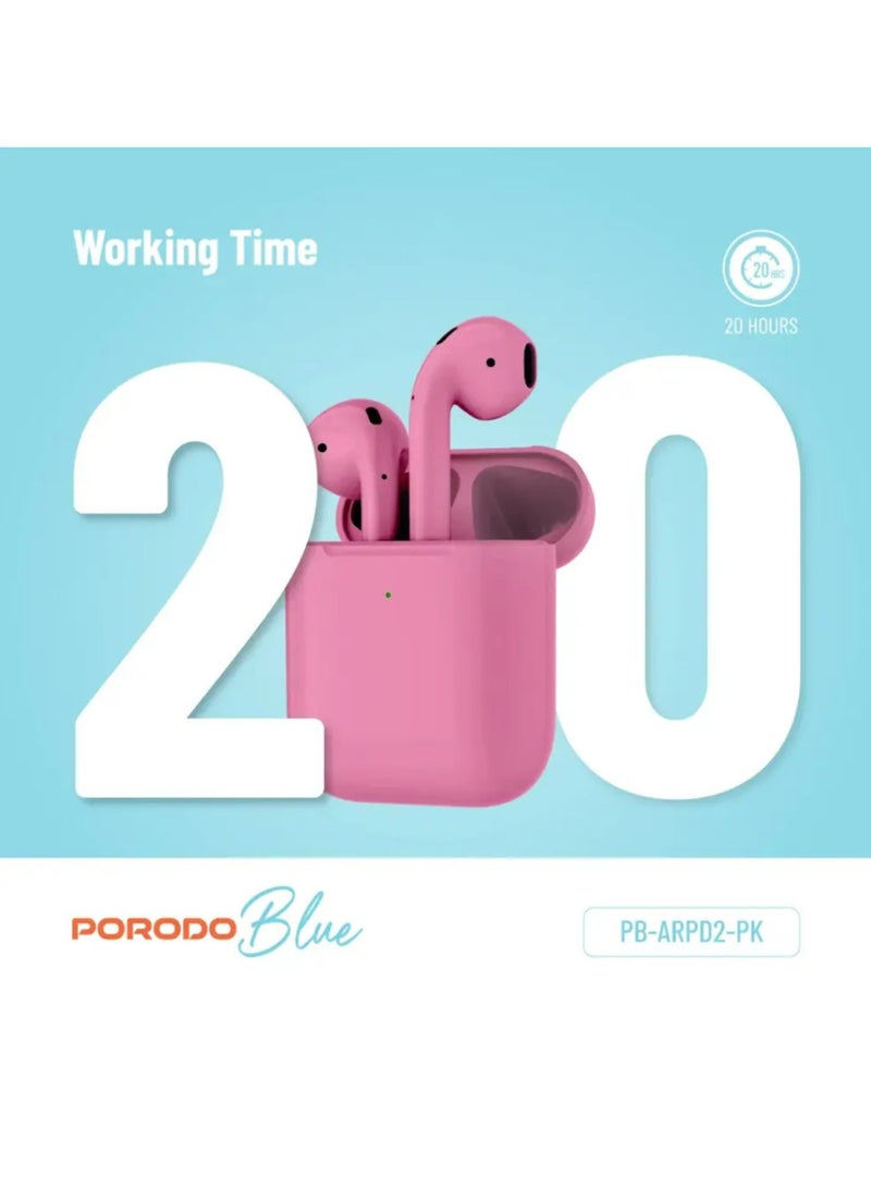 porodo Blue Deep Bass Wireless Earbuds 2 | Touch Control | Wireless Charging | Independent Earbuds | 20 Hours Working Time | ENC | Premium Materials | V5 Bluetooth | Type-C Charging Port - Pink - Image 2