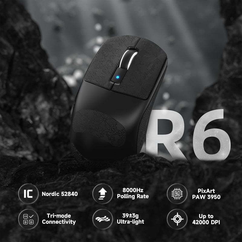 Eweadn Fade proof ATTACK SHARK R6 LIGHTSPEED Wireless Gaming Mouse, 39G Ultralight Design, HyperSpeed with 8K Hz, PAW3950 Sensor, Nordic52840, 42K DPI for E-sports Game, Tri-Mode Programmable Mice - BlackPro Neat shape - Image 2