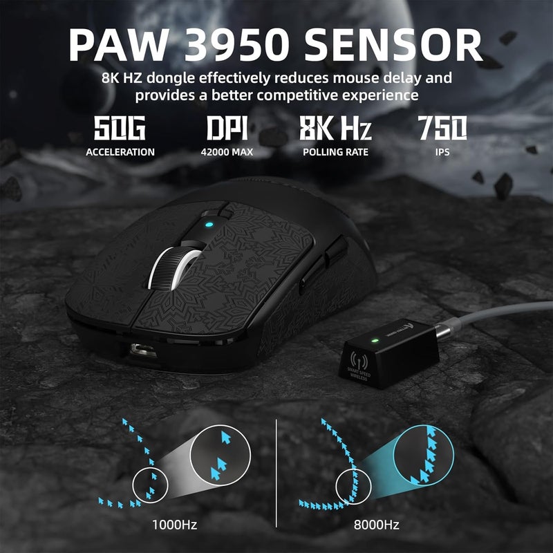 Eweadn Fade proof ATTACK SHARK R6 LIGHTSPEED Wireless Gaming Mouse, 39G Ultralight Design, HyperSpeed with 8K Hz, PAW3950 Sensor, Nordic52840, 42K DPI for E-sports Game, Tri-Mode Programmable Mice - BlackPro Neat shape - Image 4