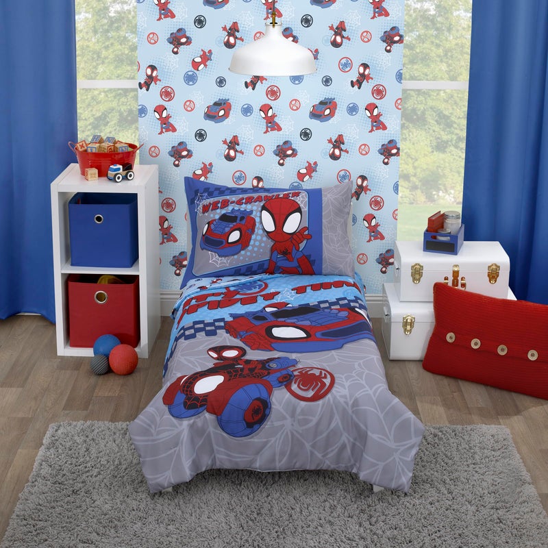 NoJo Marvel Spiderman Spidey and his Amazing Friends Spidey Time Red Blue and Grey 4 Piece Toddler Bed Set Comforter Fitted Bottom Sheet Flat Top Sheet and Reversible Pillowcase