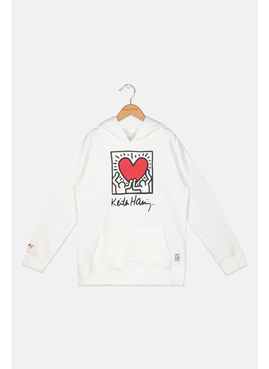 Keith Haring Kids Girl Hooded Neck Long Sleeve Graphic Sweatshirt, Off White  - Image 1