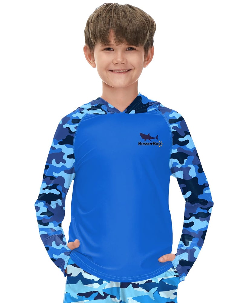 BesserBay Kids Blue Camouflage UV Protection Rashguard Top Quick-Dry Hooded Swimming Top for Big Boys 11-12 Years - Image 1