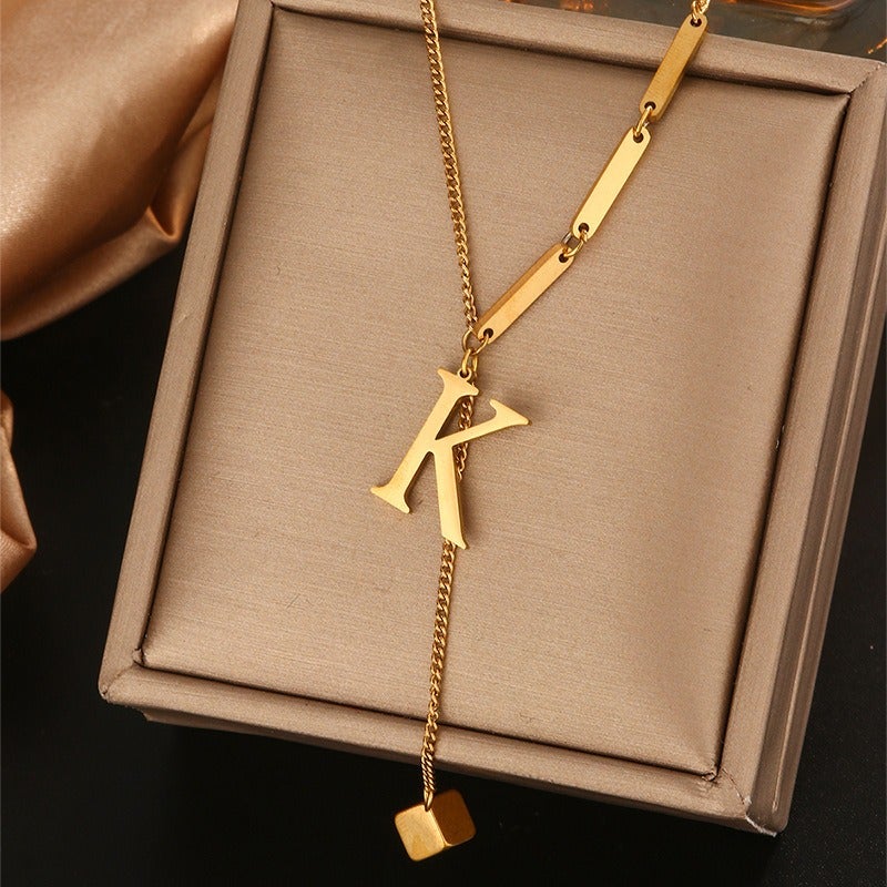 Vital Titanium Steel Tassel Collarbone Necklace for Women, 26 Letter Initial Pendant, Fade-Resistant Minimalist Jewelry
