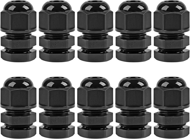 XHF 10 Pcs 1/4" IP68 Strain Relief Nylon Cord Grip NPT Cable Glands Adjustable UL Listed and RoHS Compliant (Black) - Image 1