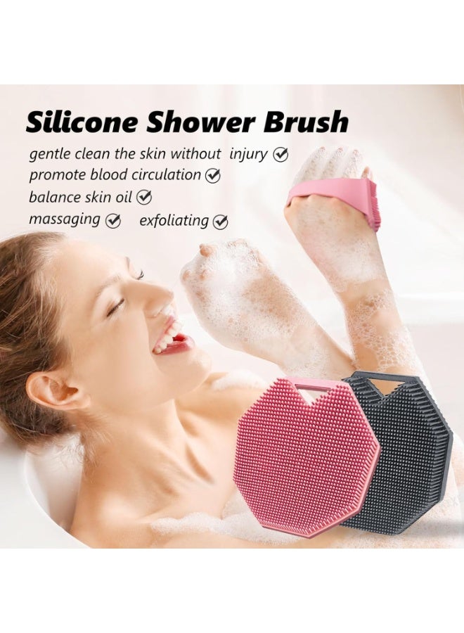 Silicone Body Scrubber Set, 4 Pack, Dual-Sided Exfoliating Loofah with Handle, Pink, Grey, Black - Image 5