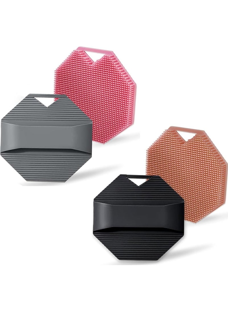 Silicone Body Scrubber Set, 4 Pack, Dual-Sided Exfoliating Loofah with Handle, Pink, Grey, Black - Image 1