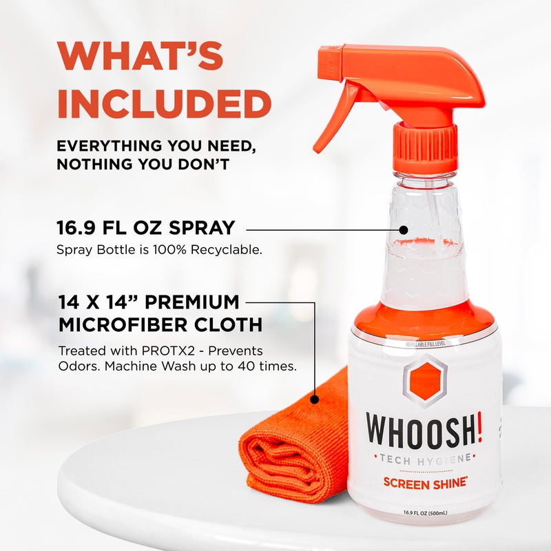 WHOOSH! Pro 16.9 fl oz Refillable TV Screen Cleaner & Microfiber Cloth - Streak-Free Cleaner for Flat Screens, OLED, LCD, Smart TV, Monitors - Non-Toxic, Odorless - Electronics Cleaning Kit - Image 2