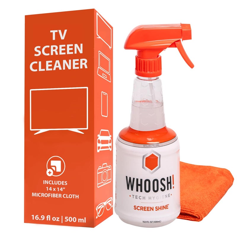 WHOOSH! Pro 16.9 fl oz Refillable TV Screen Cleaner & Microfiber Cloth - Streak-Free Cleaner for Flat Screens, OLED, LCD, Smart TV, Monitors - Non-Toxic, Odorless - Electronics Cleaning Kit - Image 1